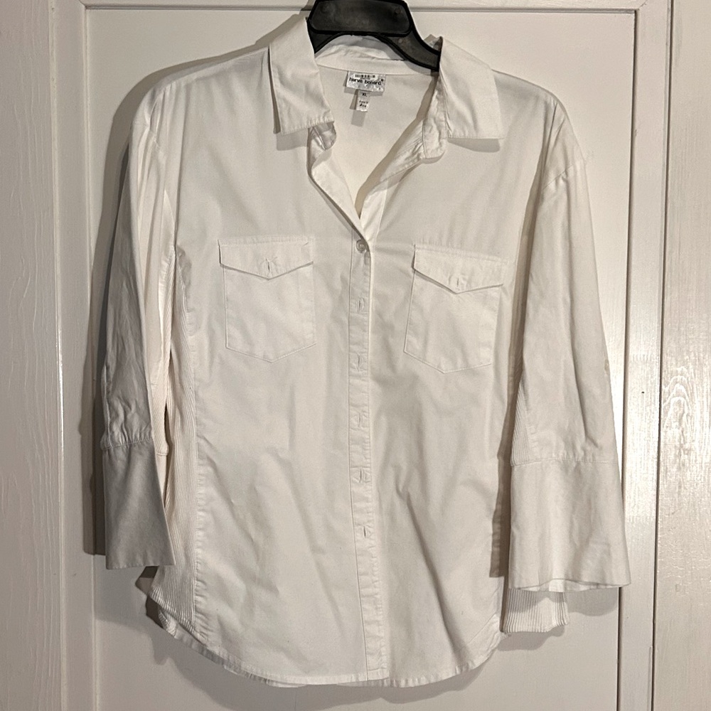 Harve Benard White Button Up Roll Sleeve Top Size XL